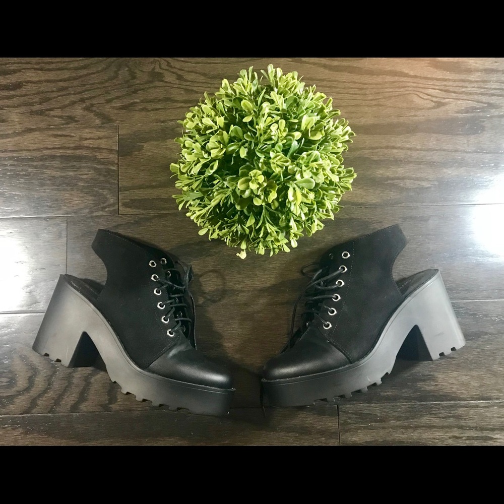 Divided Black Silver Lace-Up Chunky Heel Boots Open-Back Boots